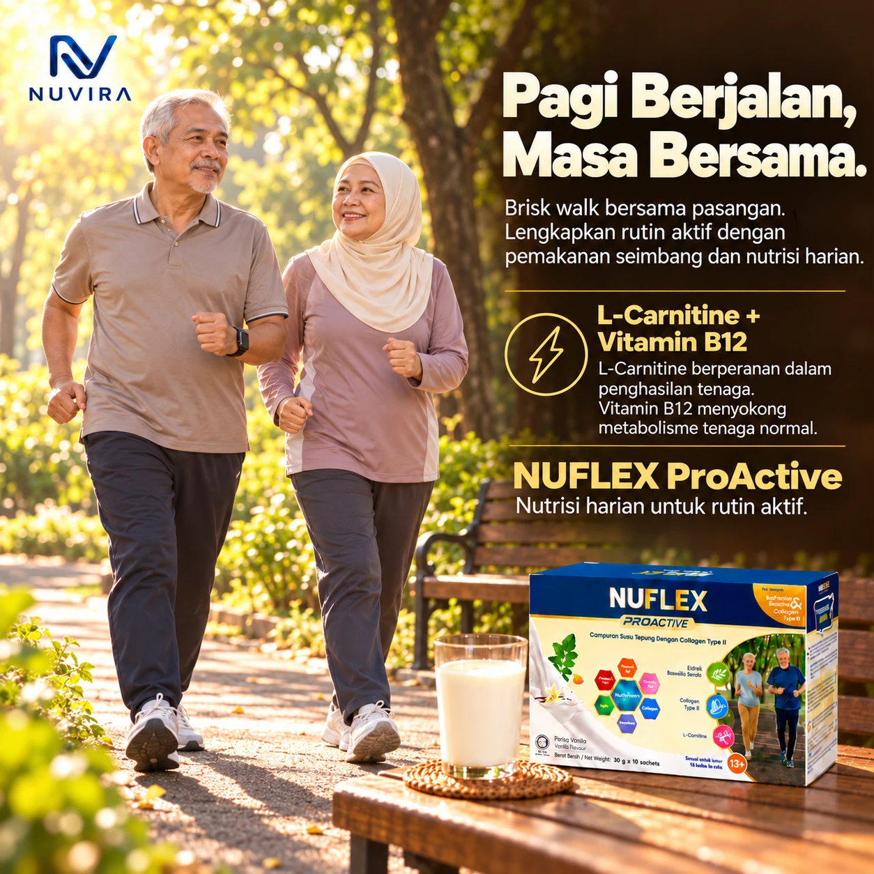 Pasangan berjalan pantas di taman pada waktu pagi. Poster: Pagi berjalan, masa bersama. L-Carnitine dan Vitamin B12.