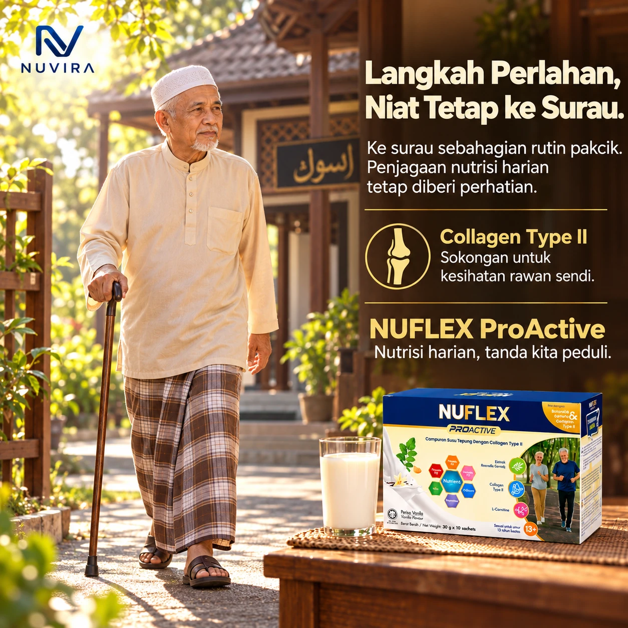 Pakcik berjalan ke surau dengan tongkat. Poster: Langkah perlahan, niat tetap ke surau. Collagen Type II, sokongan untuk kesihatan rawan sendi.